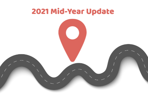 2021 Mid-Year roadmap with mobile map navigation pins along winding road
